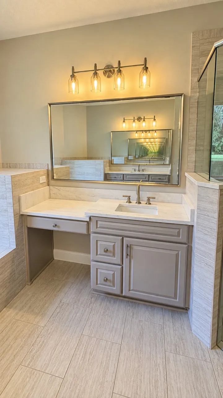 Master bathroom vanity remodel after — gray cabinets, white quartz, makeup desk, framed mirror and 4-light glass fixture by All Beaches Remodeling and Repair
